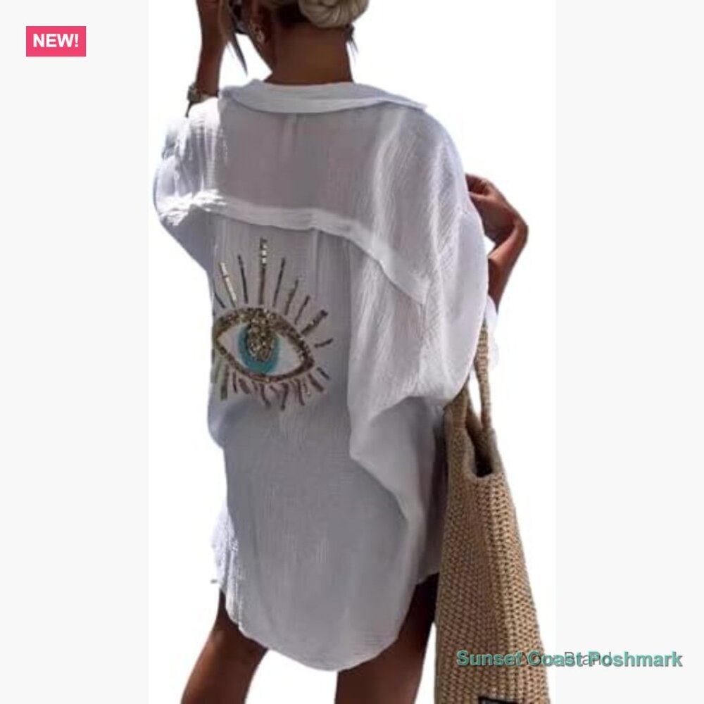 Long Sleeve Linen Button Down Shirt Oversized Sequin Evil Eye Beach Cover Up